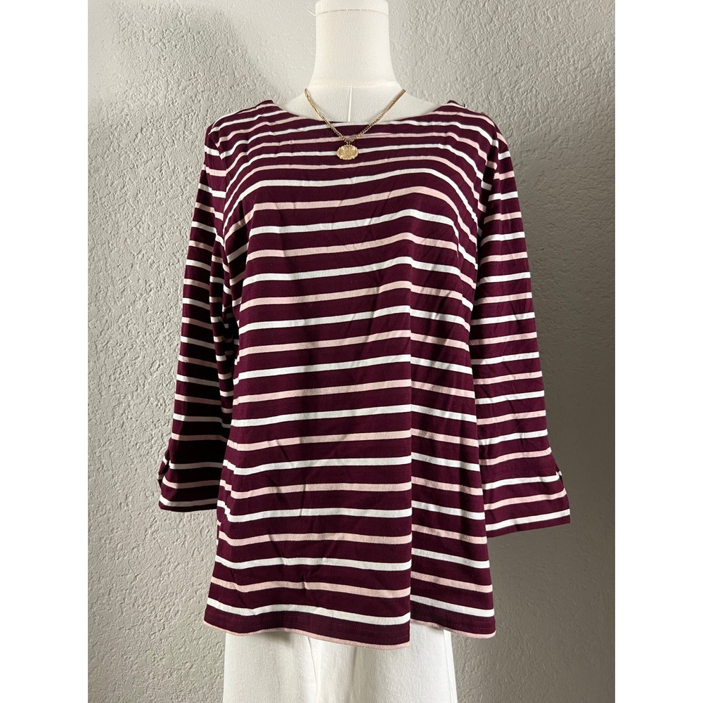 Liz Claiborne Burgundy Maroon Pink Striped Boat Neck 3/4 Sleeve Top Blouse